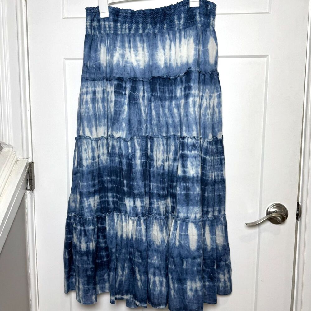 Lauren Ralph Lauren Womens L Tie Dye Maxi Skirt Blue Cotton Tiered Boho Peasant